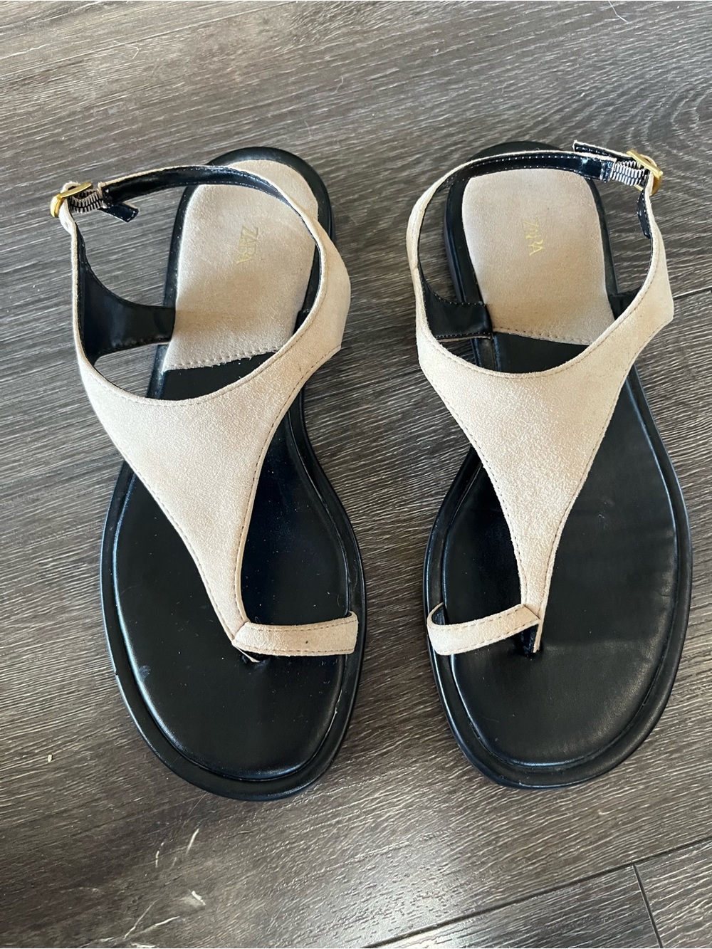 Zara Beige Suede Thong Sandals with Black Footbed size 7 us or 37 Eu